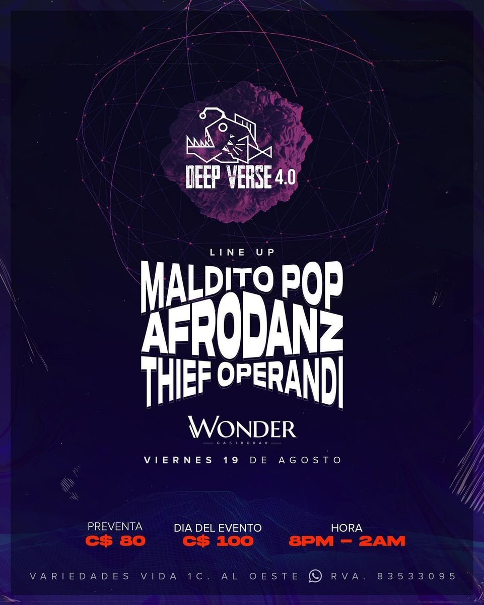 ThiefOperandi's tweet image. Te esperamos en esta session por DEEP VERSE 4.0. Ven y disfruta una noche llena de Techno y un excelente ambiente. 🎧
LINE UP 
▶@maldito_pop ▶@afro.danz ▶@thiefoperandi 
🗳 Entradas: Preventa C$80 // Día del evento C$100
📍 Dirección: Variedades vida 1 c. al oeste #techno