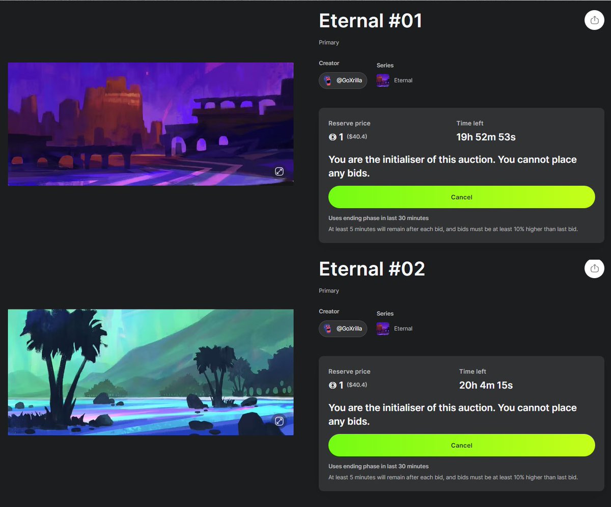 Following team zero strategy. 

Dropped NEW collection called "Eternal" , a collection of environment artwork made by me.

#01 and #02 Auction now LIVE!
Starting Bid: 1 SOL
Tick: 0.5 SOL
Ending Time: Aug. 6 @ 7:30 PM EST

Link Below 👇