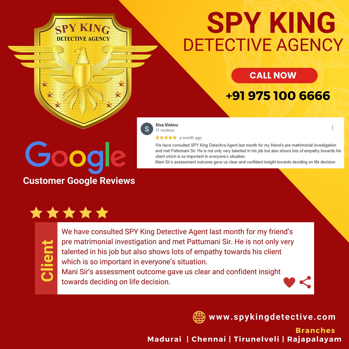 SpyKingIndia's tweet photo. Tamilnadu No.1 Detective Agency
Spy King Detective Agency - Pre &amp; Post Matrimonial Investigation.

Google Client Review. Thank you so much for your review

Further Enquiries : +91 975 100 6666

#Detective #SpyKingIndia #Matrimonialinvestigation #GoogleReview #Tamilnadu https://t.co/jAKRPzGsLF
