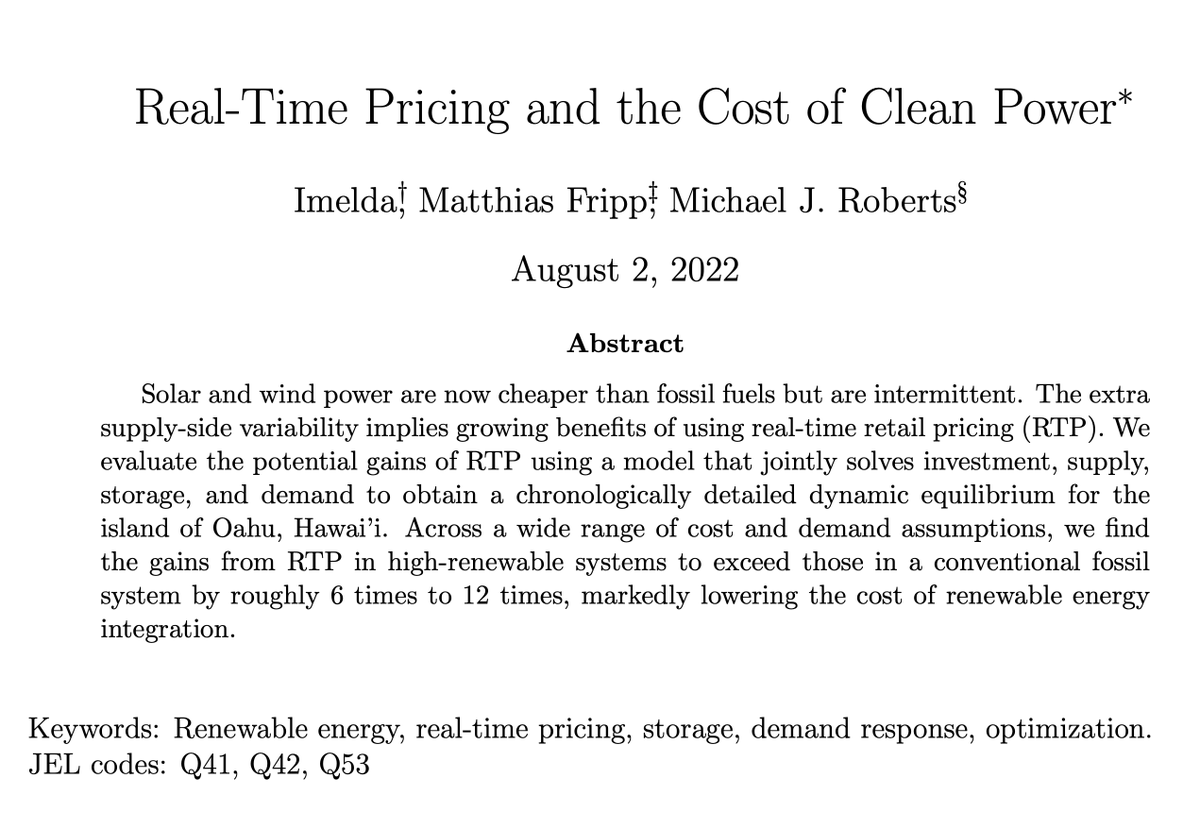 New paper! Actually, a belated revision to an old working paper. 
#EnergyTwitter #EconTwitter 
Better thirds: <a href="/imelda_econ/">Dr. Imelda</a> and <a href="/MatthiasFripp/">Matthias Fripp</a> 

A 🧵below summarizes. Comments welcome. 

www2.hawaii.edu/~mjrobert/work…