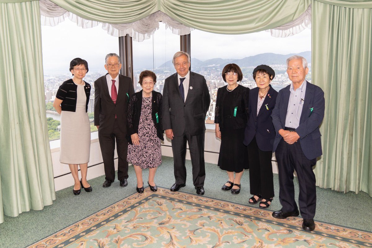 antonioguterres's tweet photo. The dignity &amp; resilience of the atomic bomb survivors I met in Hiroshima today, are an example for all of humanity.

From this sacred ground, I urge world leaders to heed their message &amp; work for complete nuclear disarmament. https://t.co/kCCJkU7dgU