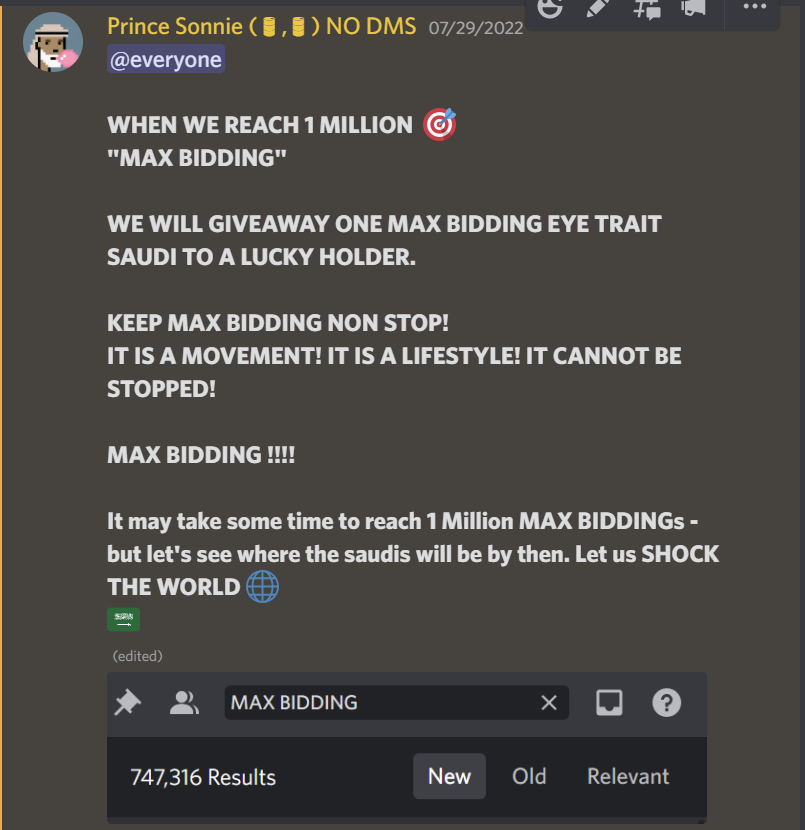 TheSaudisNFT's tweet photo. Keep up the Saudi Summer Vibezzz MAX BIDDING!!!

@SonnieNFT 👑 pledged to giveaway a MAX BIDDING trait Saudi NFT (5 ETH floor) to a Saudi Holder once we hit 

1,000,000 "MAX BIDDING" in the Discord 👾

3/4s the way there 🎯🔥🔊🎉

https://t.co/v78Kx8CneT 👾

#MAXBIDDING 🇸🇦🚀🚀🚀 https://t.co/OQktz2VYFs