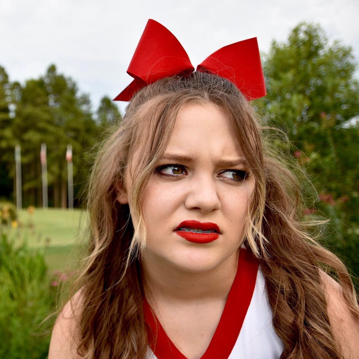 _BeccaM_'s tweet photo. When you just want to get in the car with ac and your mom wants “one more pic” #mediaday #cheer #cheerleader #overit https://t.co/Br7lXJw9fU