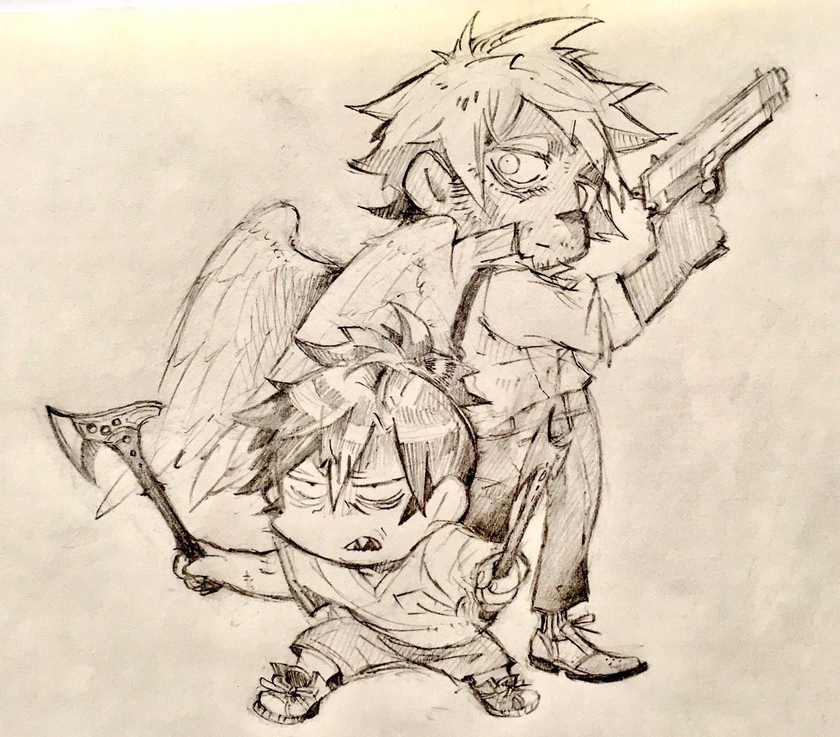 属性離れたコンビで楽しく描けたのは
元天使のおっさん➕子どもだけど半分化け物のこの2人かなぁ 