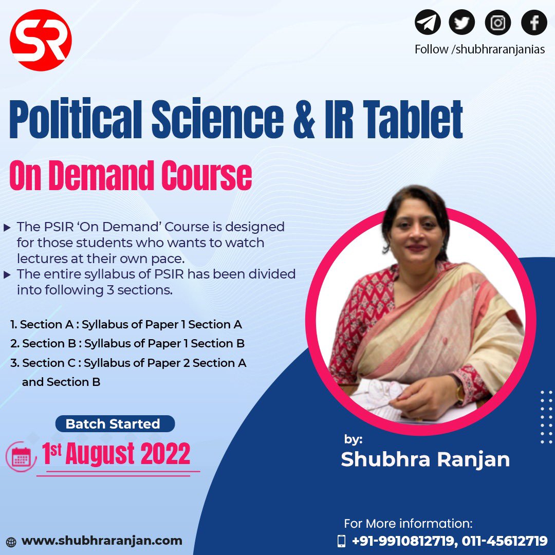 ShubhraRanjan's tweet photo. Political Science & IR Tablet On Demand Course
The PSIR 'On Demand' Course is designed for those students who wants to watch lectures at their own pace.
Batch Started: 1st August 2022
#psir #polscience #shubhraranjanias #demandcourse #ondemand #upsc #upscpreparation https://t.co/laP4s7fVc6
