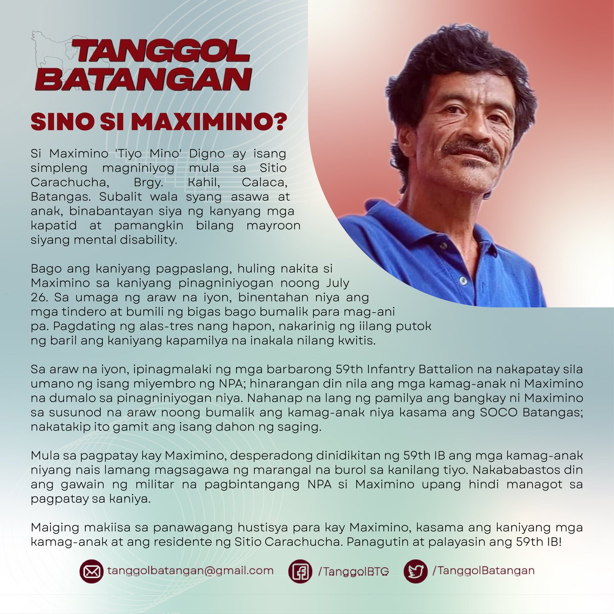 TanggolBatangan's tweet photo. Ang lumalalang militarisasyon sa probinsya at patuloy na pagpatay ng 59th Infantry Battalion ay umangkin na ng dalawa pang inosenteng buhay. Kilalain ang mga biktima na sina Kyllene Casao at Maximino Digno.

#59thIBPalayasin 
#JusticeForKylleneCasao
#JusticeForTatayMaximino https://t.co/2pHUfuAxqR