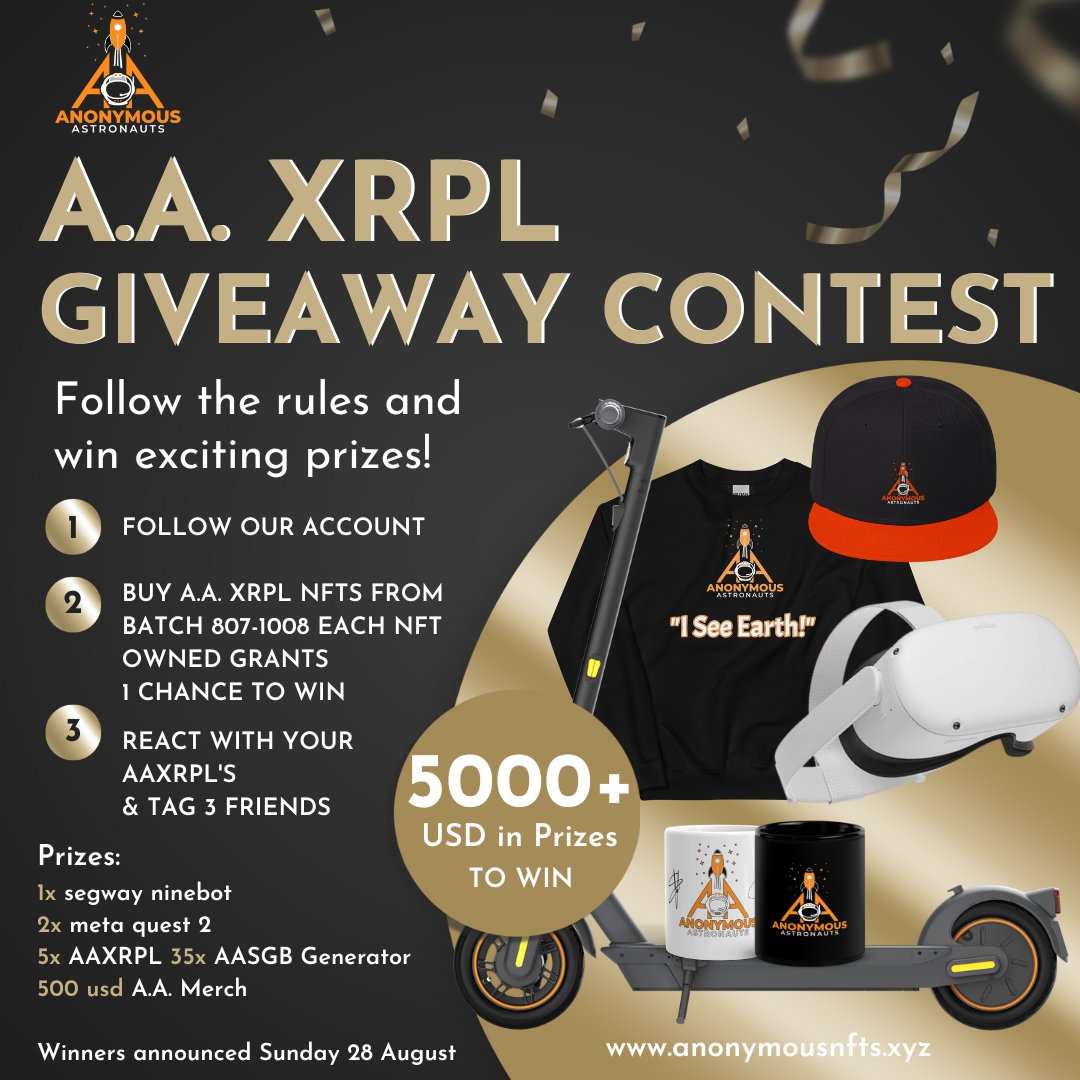 AnonymousRealx's tweet image. 🚨A.A. #XRPL  #Giveaway  Contest🚨

🎁MANY PRIZES TO WIN🎁

EACH #NFT bought @ batch #807-#1008 grants a "virtual ticket"
sologenic.org/nfts/rxMnZdcB6…

TOP 5 BUYERS are guaranteed of winning 5 #AASGB Generators🚀

10+ Winners draw Sunday 28 August
  
#NFTGiveaways #NFTs  @SologenicNFT