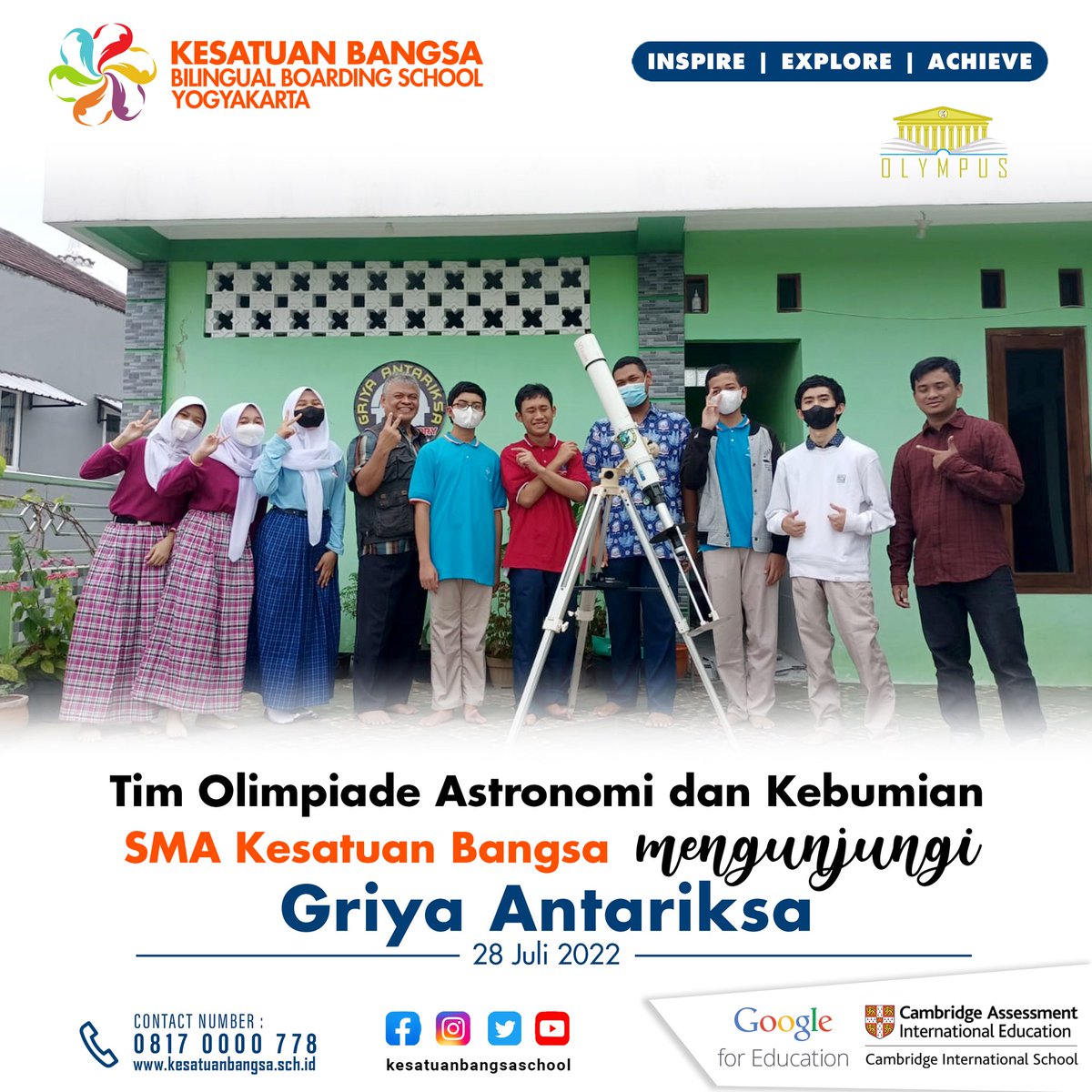 KesatuanBangsa's tweet photo. Tim Astronomi dan Kebumian SMA Kesatuan Bangsa berkunjung ke Griya Antariksa @griya_antariksa pada hari Kamis, 28 Juli 2022 untuk mempelajari penggunaan teleskop, praktek pengamatan, serta mengenal penerapan-penerapan ilmu Astronomi.
#kesatuanbangsa #OSNP #astronomi https://t.co/br4OY5XrZT