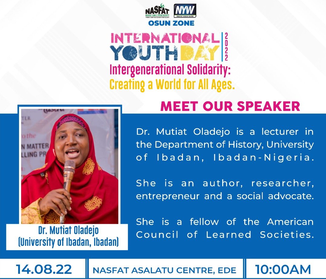 It is in accordance with NASFAT gender equality stance that we bring to you, our highly vivacious Facilitator, all the way from University of Ibadan who has done extensive work on Sustainable Development Goals, SDGs. 

#InternationalYouthDay 
#internationalyouthday2022 
#SDGs
