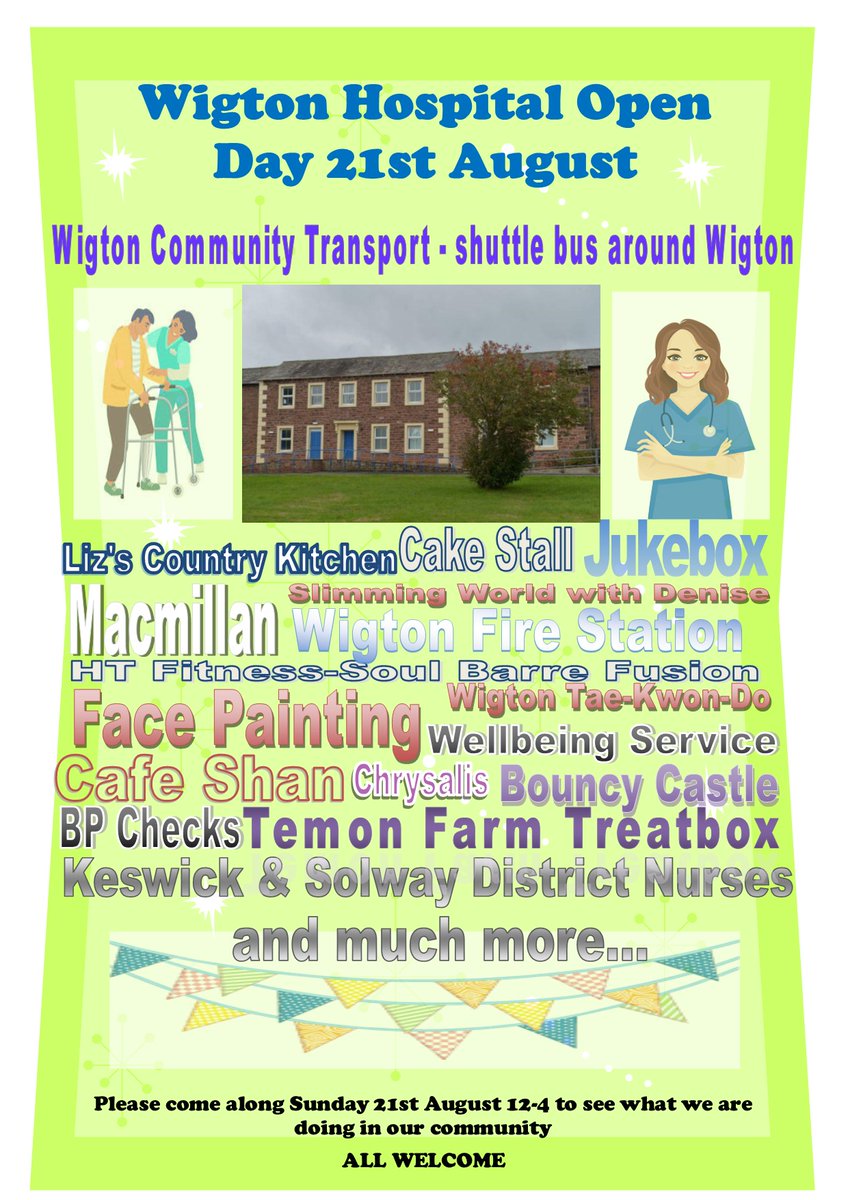 WIGTON HOSPITAL OPEN DAY

📅 21 August, 12-4pm

This event plans to bring people from the local community together to learn about the hospital, think about health and wellbeing, and to have some fun 🎉 please spread the word!

Find out more ➡️ theclic.org.uk/news/949-commu…