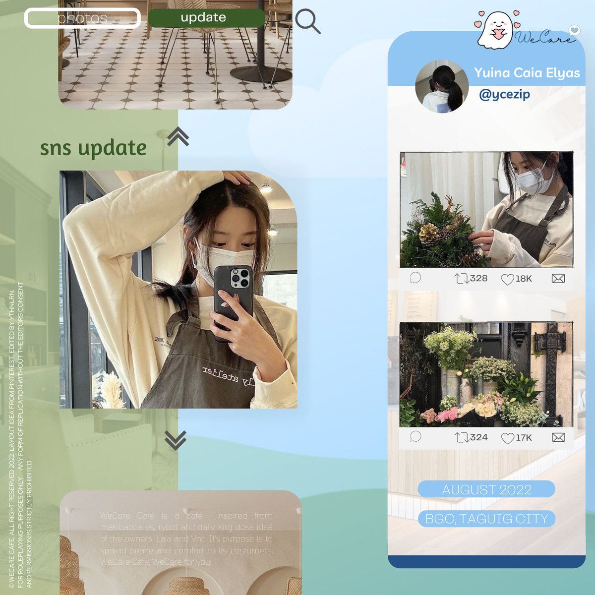 ⠀ 

              ゆいな。    ◛     O8O622
              ✦ ━ ━ ━  WeCare Cafe

            ⠀