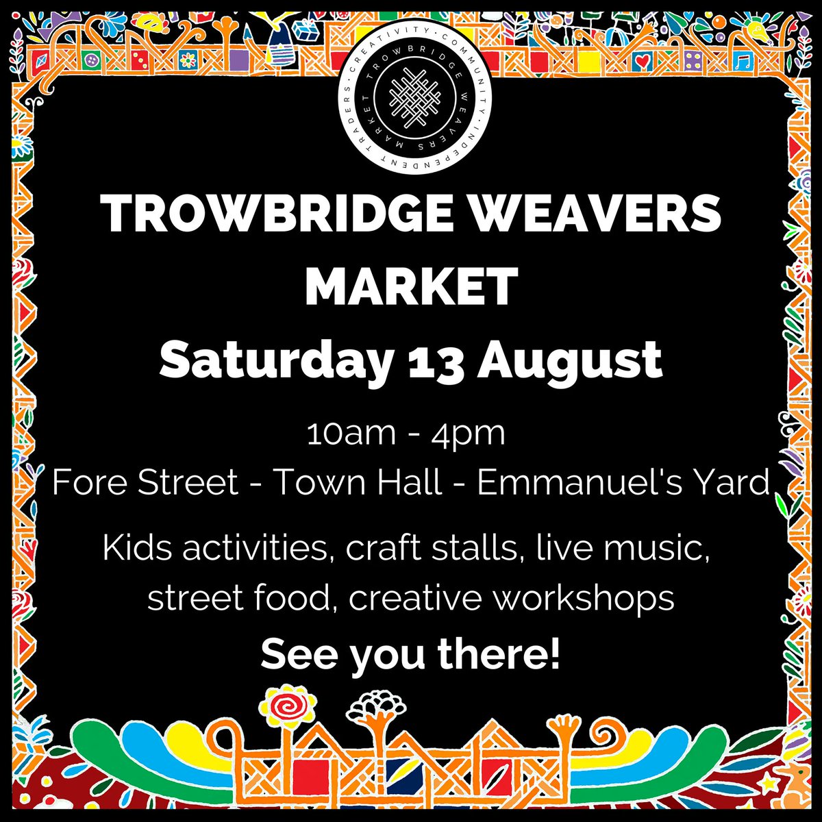 One week until our special summer holidays market! 10am-4pm Saturday 13 August. #freekidsactivities #treasurehunt #prizes #creativeworkshops #circusskills #craftstalls #streetfood #livemusic @trowbridgetownhall @emmanuels_yard @sasspoleandaerial @discovertrowbridge <a href="/TrowChamber/">Trowbridge Chamber</a>