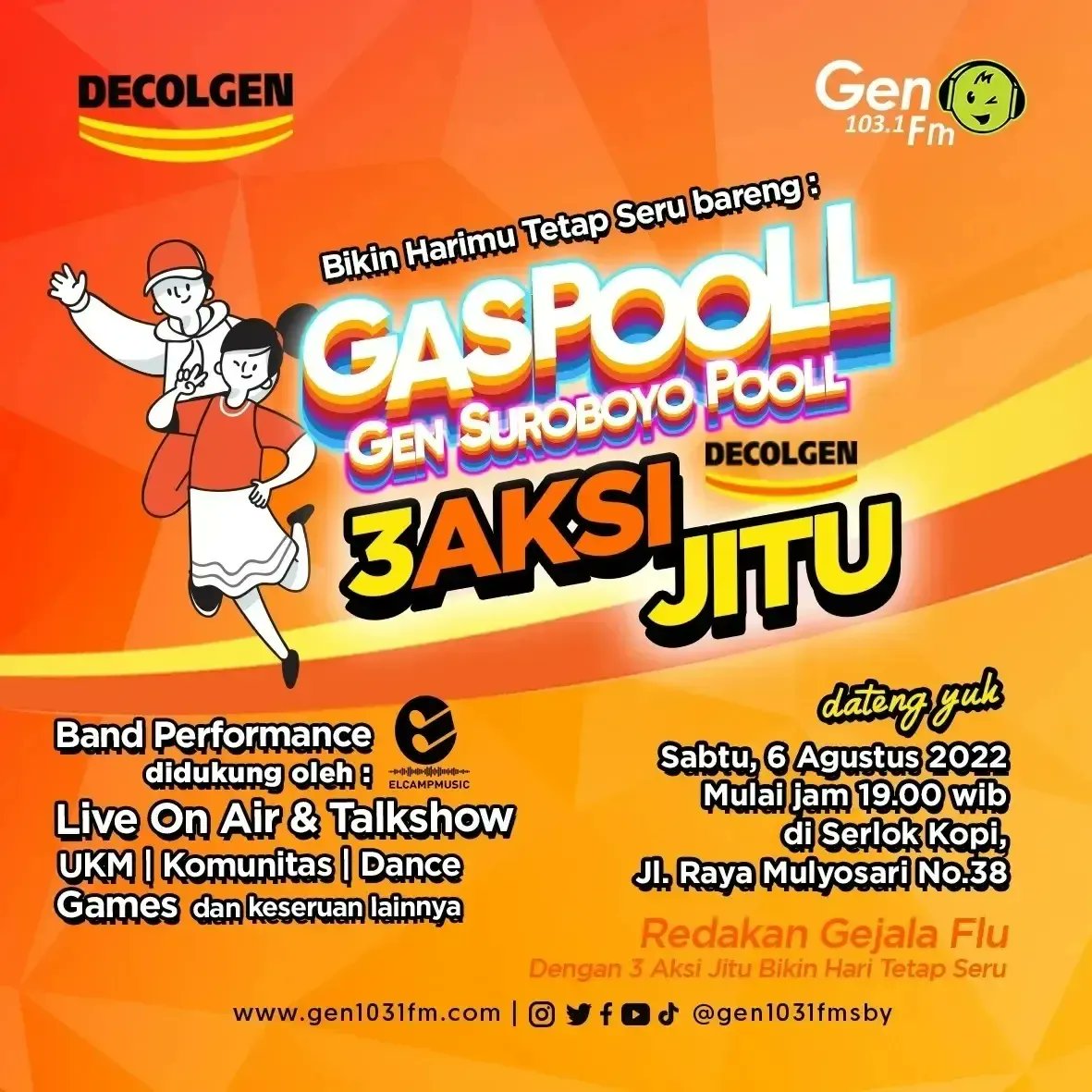 gen1031fmsby's tweet photo. Siap-siap, kurang 3 jam lagi nih. Yuks, malam minggu ini ajak bestiemu ato pacarmu ke GASPOOLL (GEN Suroboyo Pooll) bareng Decolgen di Serlok Kopi Jl. Mulyosari No 38 Surabaya, mulai jam 7 malam.
Ditunggu ya sob!! π
#gen1031fmsby #suroboyopooll #GenGaspool https://t.co/EUnESJFP74