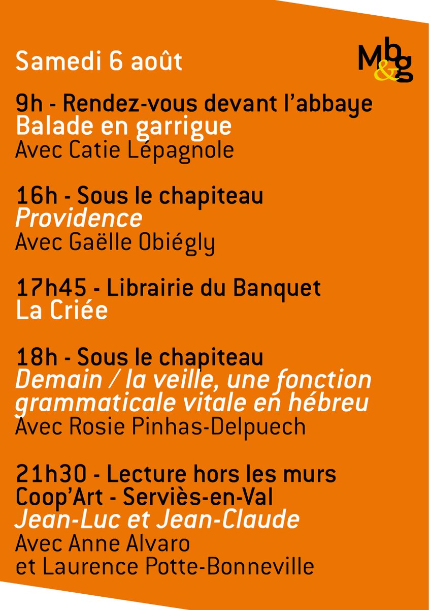 // Banquet du livre d'été //
Voici le programme de la journée de samedi, avec Gaelle Obiégly, Rosie Pinhas-Delpuech, Anne Alvaro et Laurence Poste-Bonneville. 
Tout le programme : bit.ly/3PWiuiw