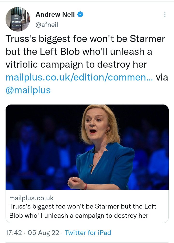 MikeHolden42's tweet photo. The perennially bitter @afneil has now decided (1) Truss will win the leadership, (2) she will fail and (3) it won't be her fault, but the "Left Blob".
Anybody got a fucking clue who he is on about? https://t.co/w3S72b0xQN