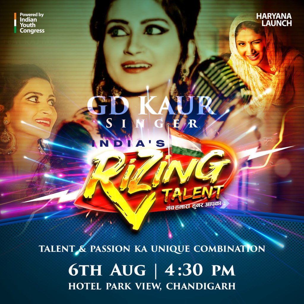 RizingTalent's tweet photo. Famous singer GD Kaur apni surili aawaz se INDIA’S RIZING TALENT ke manch ko surila karne, aaj shaam 4:30 baje Chandigarh pahunch rahi hain
INDIA’S RIZING TALENT
Manch Hamara , Hunar Apka https://t.co/zqoUENAu92