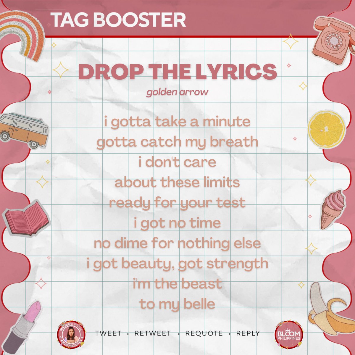 BiniAiahOFC's tweet photo. [TAG BOOSTER]

Drop the lyrics from Golden Arrow! Don’t forget our tags!

BINI X COKE STUDIO

#CokeFanFusionWithBINI 
#BINI @BINI_ph https://t.co/7NqZjNH14a