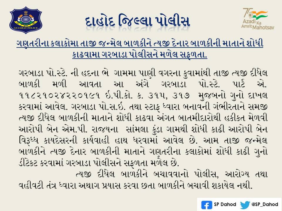ગણતરીના કલાકોમા તાજી જન્મેલ બાળકીને ત્યજી દેનાર બાળકીની માતાને શોધી કાઢવામા ગરબાડા પોલીસને મળેલ સફળતા.
<a href="/CMOGuj/">CMO Gujarat</a> <a href="/sanghaviharsh/">Harsh Sanghavi</a> <a href="/GujaratPolice/">Gujarat Police</a> <a href="/dgpgujarat/">DGP Gujarat</a>