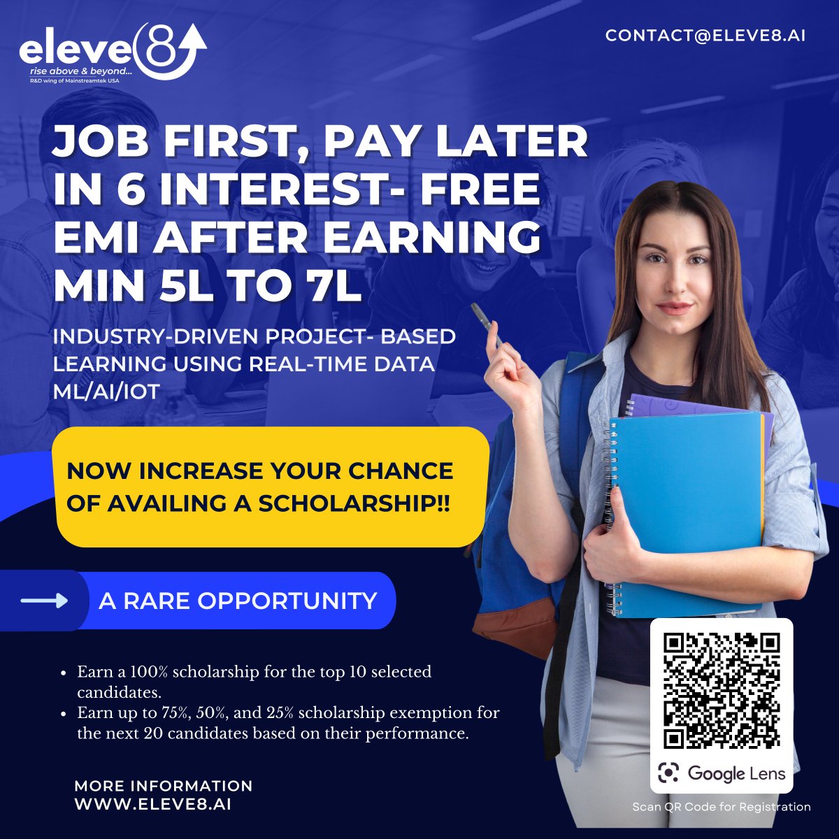OEleve8's tweet photo. @OEleve8  - rise above &amp; beyond has spiced up its program #Job_First_Pay_Later .
#Top10 Candidates will be able to avail of this program with a  #100per Scholarship.
And #Next20 candidates will embrace this program with #75percent, #50percent, &amp; #25percent scholarships. https://t.co/zZuxCY3csl