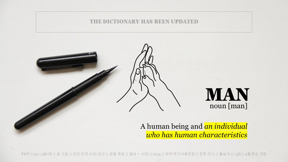 xMY_MISSIONx's tweet photo. [수요]

🔖사전이 갱신되었습니다

사람 [사ː람]
인류, 그리고 인류의 특성을 가진 존재

TWT || 03 || All CP || 글ˑ그림 || 군인ˑ군견 수인/인수 || 공동 목표 || 일상 ▸ 시리 || 2234 || 마약ˑ무기사용조장 || 전투ˑ조사 || 몰살 O || 15D || 9월 중순 개장 https://t.co/K0wexDGD6H