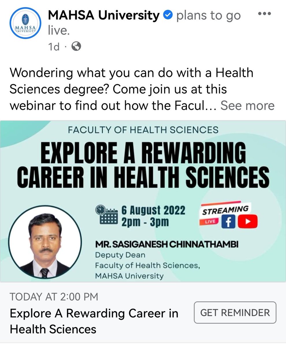 FOHS_MAHSA's tweet photo. Wondering what you can do with a Health Sciences degree? Catch us LIVE on MAHSA University facebook and youtube on 6/8/2022; 2pm! e-Cert will be awarded to participants.

🌐To webinar: https://t.co/ZNoR89K2dz

#MAHSA #FOHS #BeMORE #RewardingCareer #HealthScience https://t.co/WmdqLnAwTp