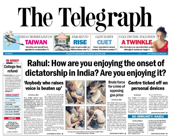 Good Morning. Here's the front page of #TheTelegraph for you. 

Link to e-paper: bit.ly/3odHaHa

#RahulGandhi #CongressProtest #SoniaGandhi #PriyankaGandhi #VenkaiahNaidu @RahulGandhi @INCIndia @priyankagandhi #privacy #telegraph #news #BreakingNews