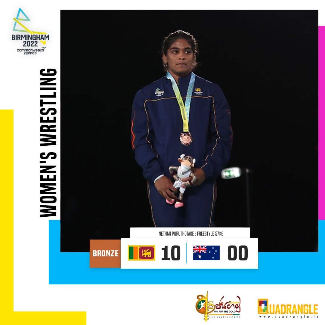 Congratulations to Nethmi Poruthotage for winning a bronze medal in the women’s 57kg freestyle wrestling event. At the age of 18 she became the youngest and the first Sri Lankan wrestler to win a Medal at the #CommonwealthGames. 
#අපිජයගමු #GofortheGold #TeamSriLanka #B2022
