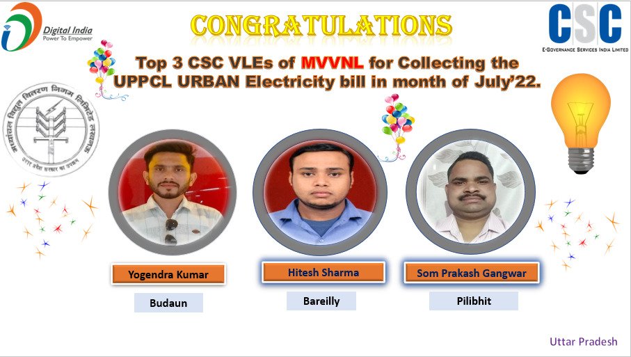 divyadarshan08's tweet photo. Congratulations💐to the top 3 CSC_VLEs of MVVNL_DISCOM for the highest amount of electricity bill collection in URBAN in month of July'22 @CSCegov_ @CSCUttarPradesh @aksharmaBharat @isomendratomar @dintya15 @ceo_csc @UppclChairman @mduppcl @MVVNLmd @atulitrai @UttamGu39907295 https://t.co/dLPe54UuqS