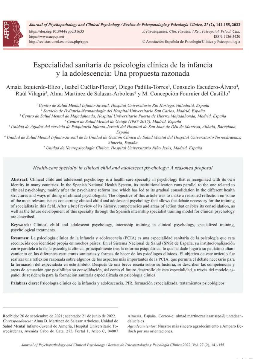 Especialidad sanitaria de psicología clínica de la infancia y la adolescencia: Una propuesta razonada.

Amaia Izquierdo, Isabel Cuellar, Diego Padilla, Consuelo Escudero, Raúl Vilagrá, Alma Martínez de Salazar, M. Concepción Fournier

buff.ly/3BA9JGO