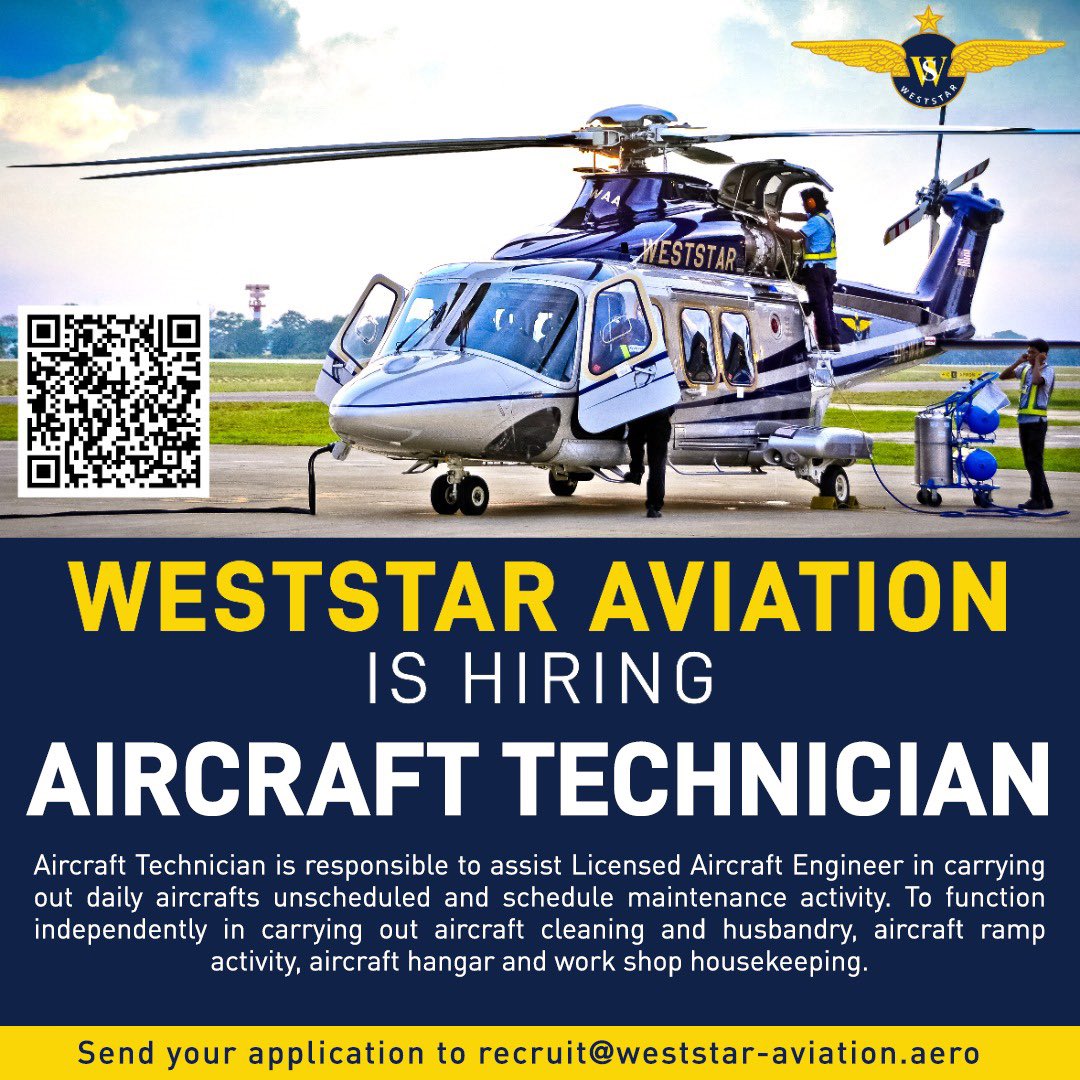 Attention all! May we have your attention please! We are currently looking for the said position. For further inquiries, please contact us at recruit@weststar-aviation.aero
We look forward to your submissions!

#Weststar #Recruit #Hiring #AircraftTechnician