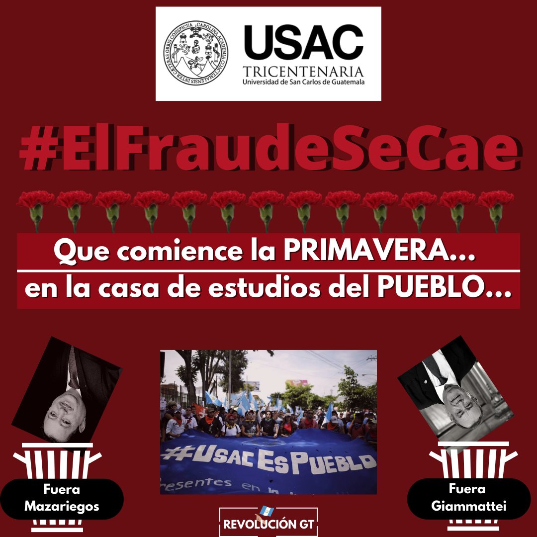 🚨#ElFraudeSeCae 🚨

Estudiantes, Profesionales, Catedráticos y Ciudadano. Unámonos y salvemos la Universidad de San Carlos de Guatemala, las luchas históricas nunca han sido fáciles. De la valentía del hoy depende las libertades del mañana.
#FueraMazariegos #FueraGiammmattei