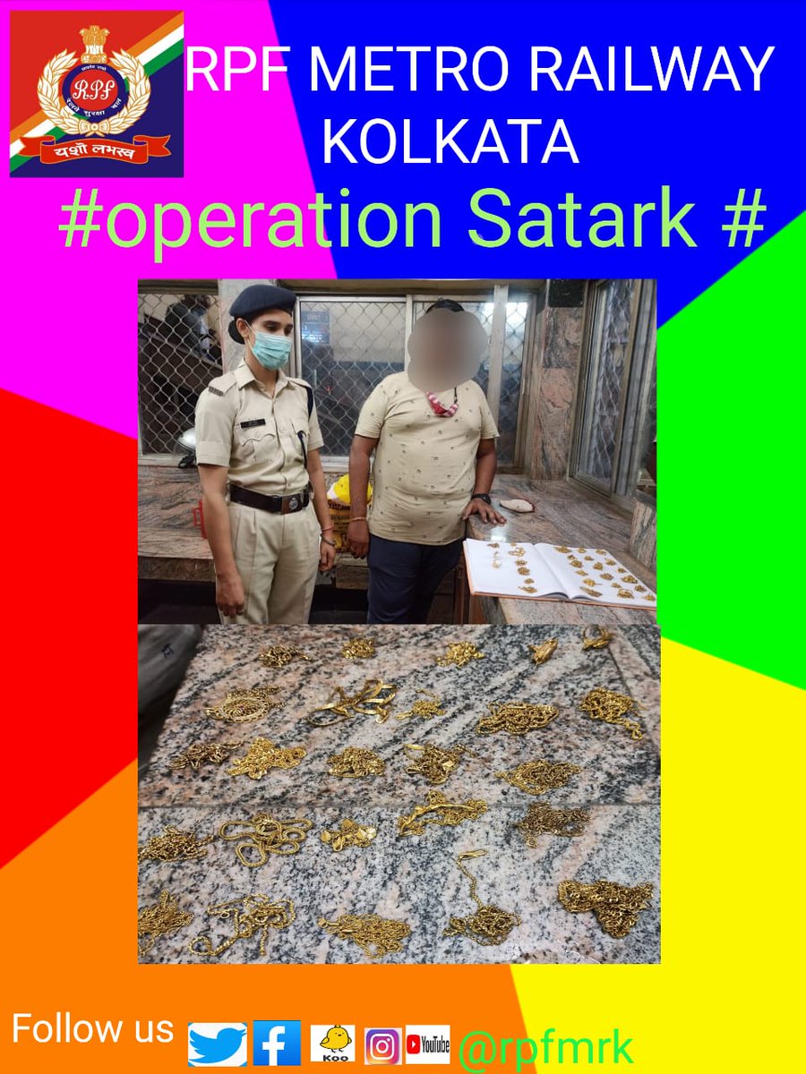 rpfmrk's tweet photo. On 05.08.22,under #operationsatark RPF M.Rly Kolkata detained one person with Gold ornaments weighing about 332.520 gm valued ₹ 15,84,457/-(approx) at luggage Scanner,Dumdum station &amp;the same was handed over to LPS,where a case regd.U/s-413,414 IPC against him  @RPF_INDIA @ErRpf https://t.co/GwJyImVwtm