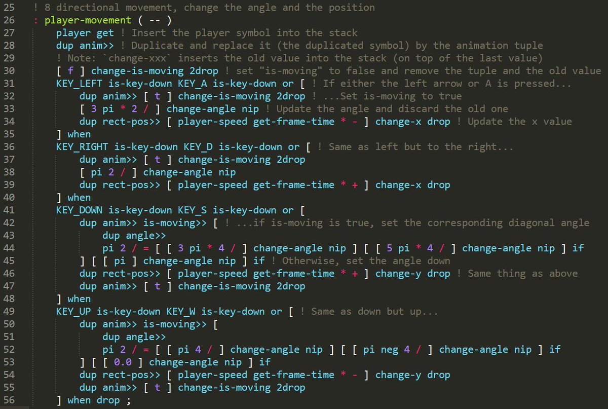 SomeUnusualGame's tweet photo. Here's a snippet of a 8 directional movement made in Factor, a stack-oriented programming language.
Honestly, trying to code anything feels like solving a very hard puzzle... if you never used these kind of languages it's really hard to tell wtf is going on...
#factorlang https://t.co/FVKu2rtmPE
