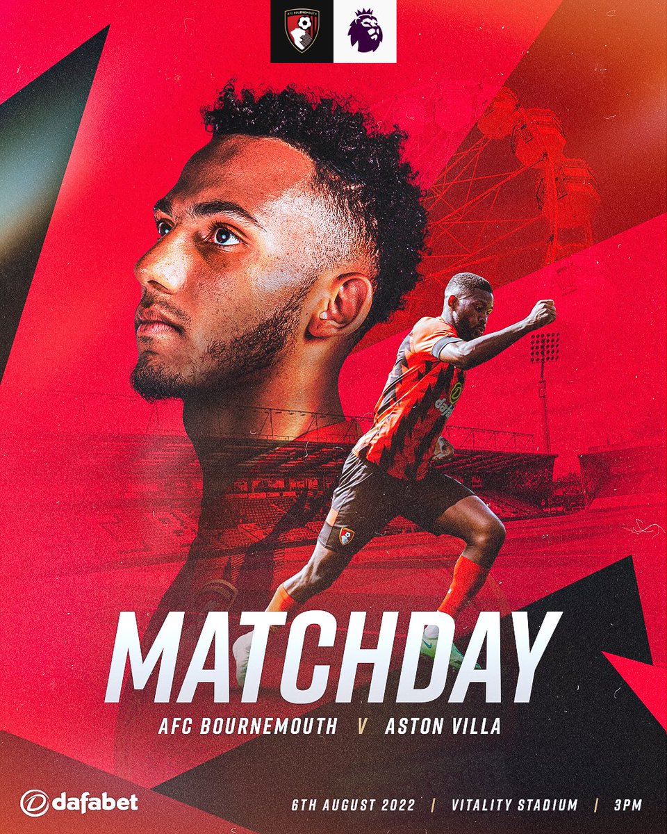 afcbournemouth's tweet photo. Our 2022/23 season starts ๐๐ผ๐ฑ๐ฎ๐ ๐
๐ @AVFCOfficial
๐ Vitality Stadium
๐ @premierleague
โฐ 3pm kick-off
#๏ธโฃ #BOUAVL
Letโs go, lads ๐ฅ๐ฅ https://t.co/Q0s6hQrYF4