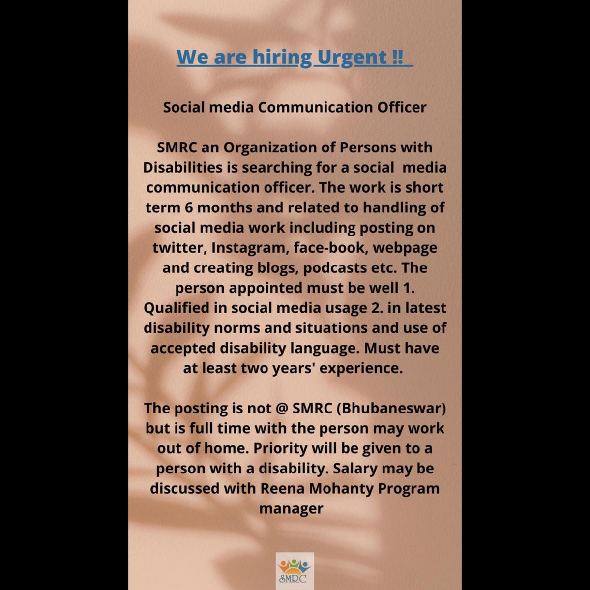 We are hiring urgent for communication person ! 
.
.
#smrc #Hiring #SocialMedia #Bhubaneswar