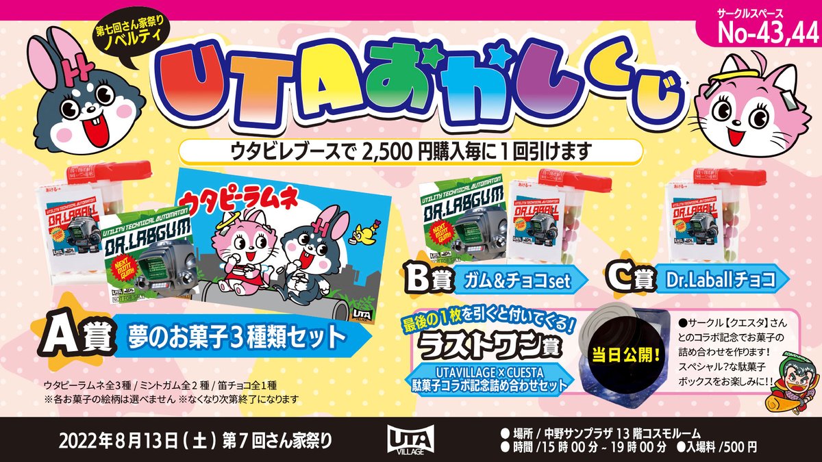 UTA_VILLAGE's tweet photo. 【 さん家祭り2022】
現地購入特典として
・2,500円毎に1回UTAおかしくじ
・会計毎にDr.Labオリジナルショップ袋&オリジナルステッカー
をプレゼント致します。
色々作りたくて作りました、当日ぜひお立ち寄り下さい!
(2/2)
#自作シール #さん家祭り #駄菓子ール #UTAVILLAGE #妖星奇譚 #DrLab https://t.co/YUFZsWOf9B