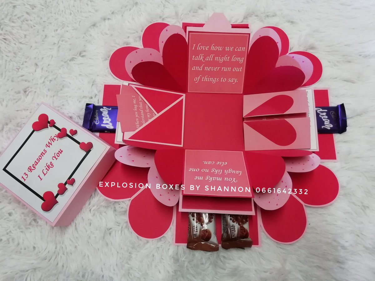 explosionboxes1's tweet photo. "13 Reasons why I like you" explosion gift box. Choc and photos option. R350.

#GirlTalkZA #GirlsTalkZA https://t.co/hYsFtHjalA