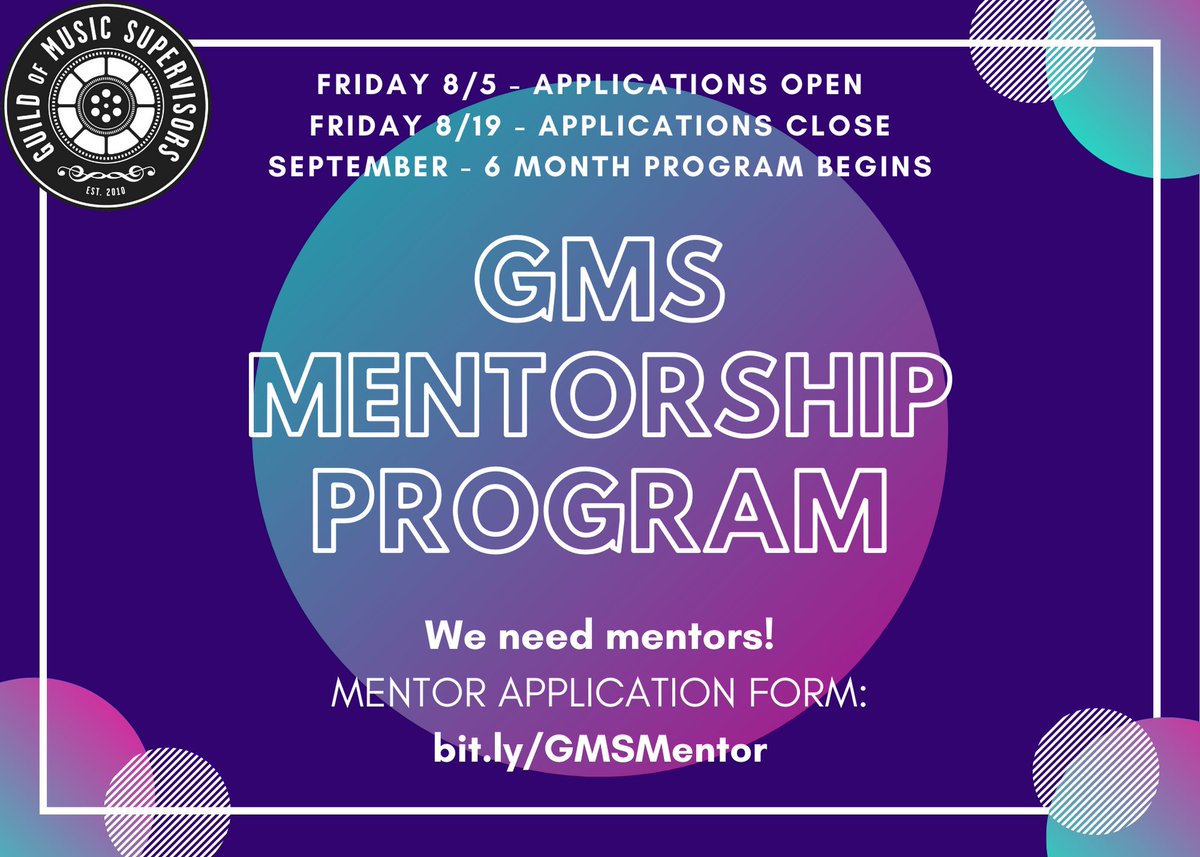 guildofmusic's tweet image. The GMS Mentorship Program is starting back up! Mentors and mentees, applications are being accepted now through 8/19. 

Apply for limited spots here...
Mentees - bit.ly/GMSMentee
Mentors - bit.ly/GMSMentor