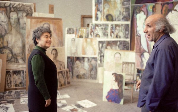 Poet Silva Kaputikyan and painter Hovhannes Zardaryan at Zardaryan’s workshop in Yerevan, Armenian SSR, 1981