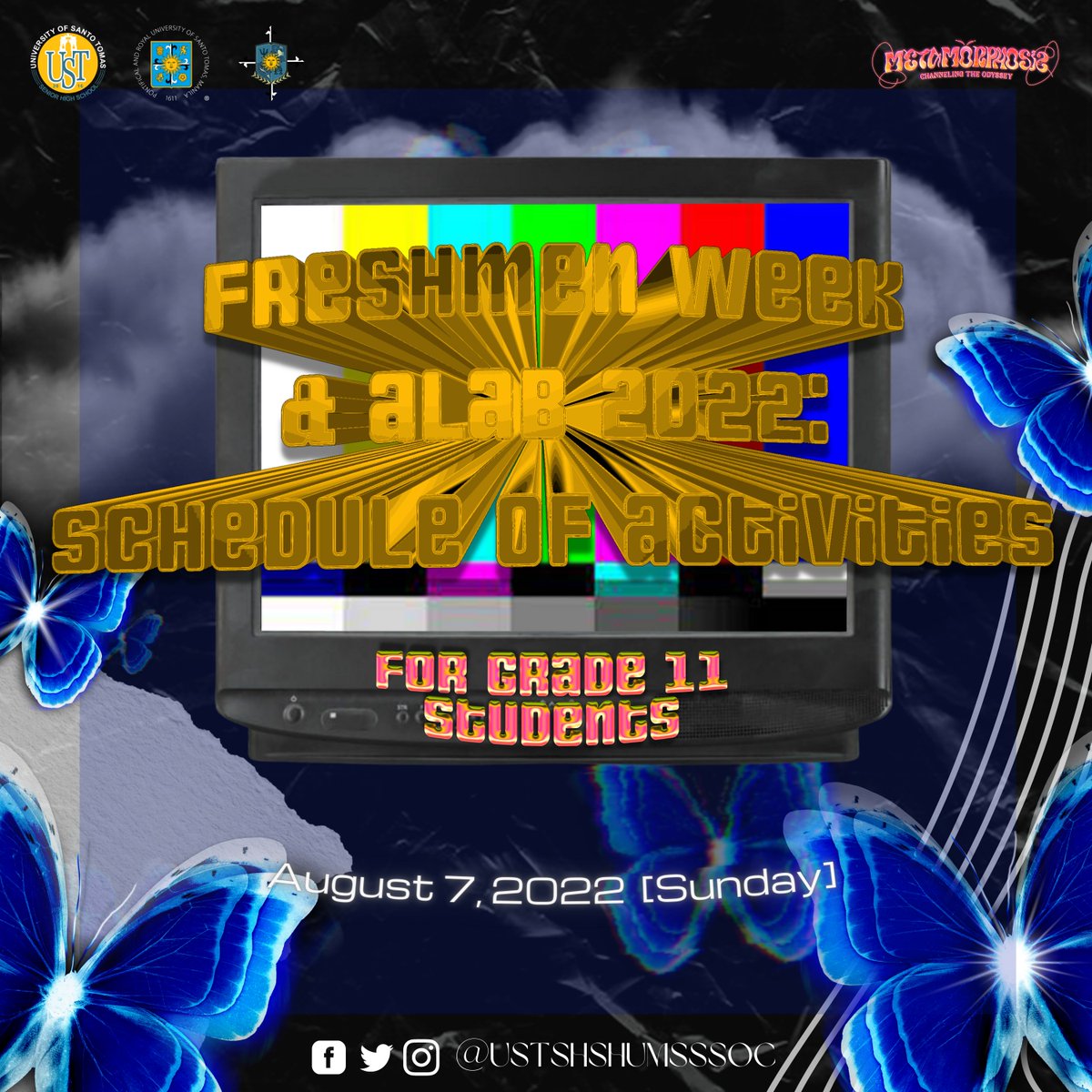 ustshshumsssoc's tweet photo. 🦋 Me so fly like a BUTTERFLY 🦋

Just like Hyuna, keep the energy and hype up because we have to keep fluttering through these activities! 🗓️

Get ready Tiger Rookies 🐯 as we present to you the Day 3 Schedule of Activities for #FreshmenWeek2022 and #ALAB2022! 🦋 https://t.co/xE02Nlk1GZ