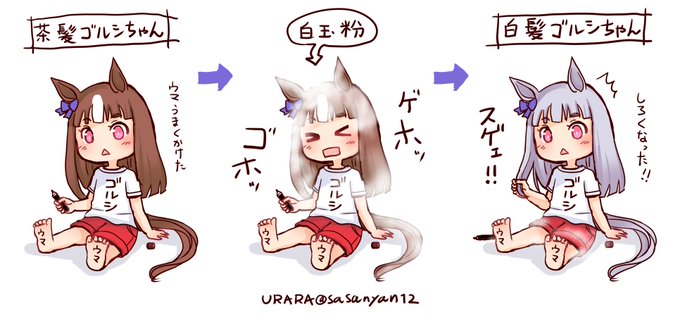 ちっちゃい頃の茶髪ゴルシちゃんが
白玉粉をかぶって
白玉(白髪)ゴルシちゃんになったやつ。 