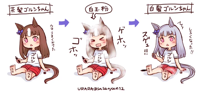 ちっちゃい頃の茶髪ゴルシちゃんが
白玉粉をかぶって
白玉(白髪)ゴルシちゃんになったやつ。 
