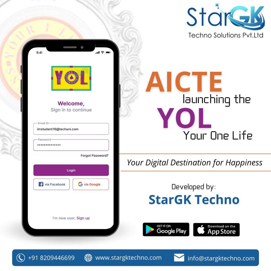 StargkL's tweet photo. AICTE introduces YOL - The World’s Biggest Happiness Blockchain developed by StarGK Techno Solutions. 

YOL
A happiness “APP” 
Happiness is an inside job, we create, measure and elevate it for you. 

#AICTE #yol #Technical #technicaluniversity #technology #applicationdeveloper https://t.co/FJ8n1d93aW
