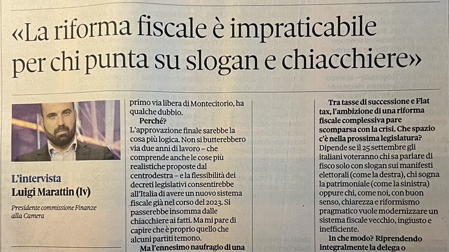 marattin's tweet photo. Per un populista non c’è niente di peggio che approvare riforme vere, credibili,realistiche: perché gli rovina la narrazione di balle spaziali con cui di solito fanno la campagna elettorale. Sono inaffidabili, sulla pelle dei cittadini. La mia intervista di oggi a Il Sole 24 Ore. https://t.co/wuCgT7pDU8