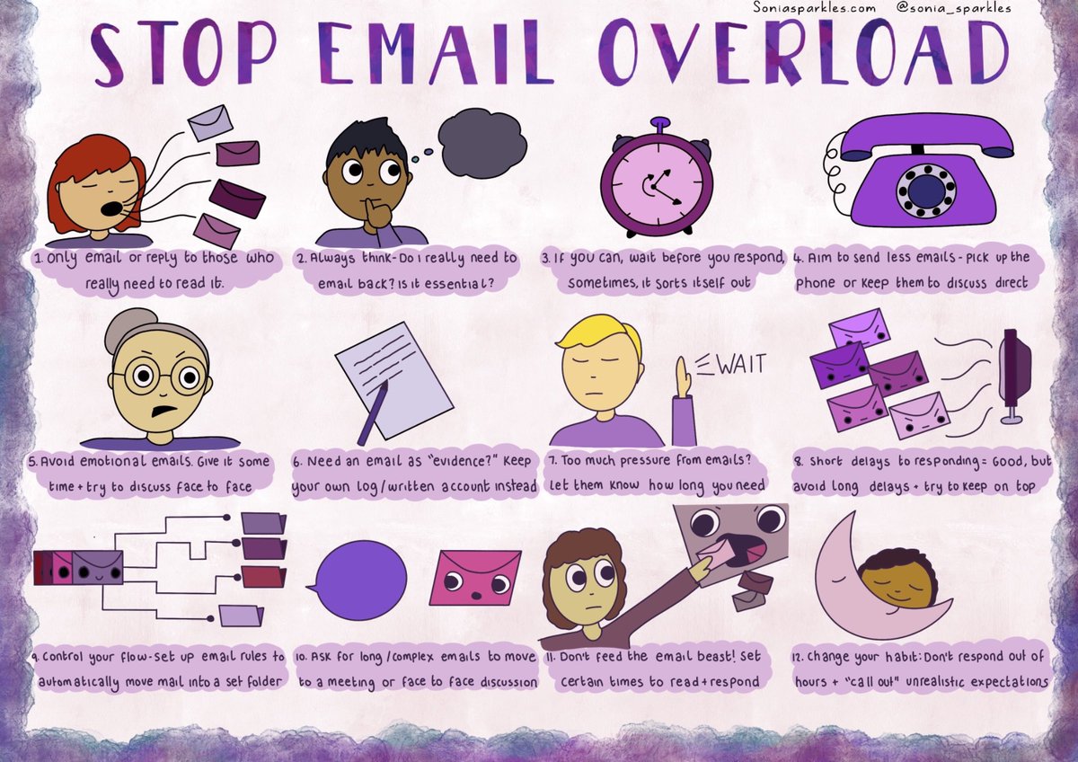 Be more email conscious 📧 
Does it need to be sent?
Does it need to go to everyone?
Is it easier to talk?
Do you really need to reply?
Is your reply kind? 
Can it wait?