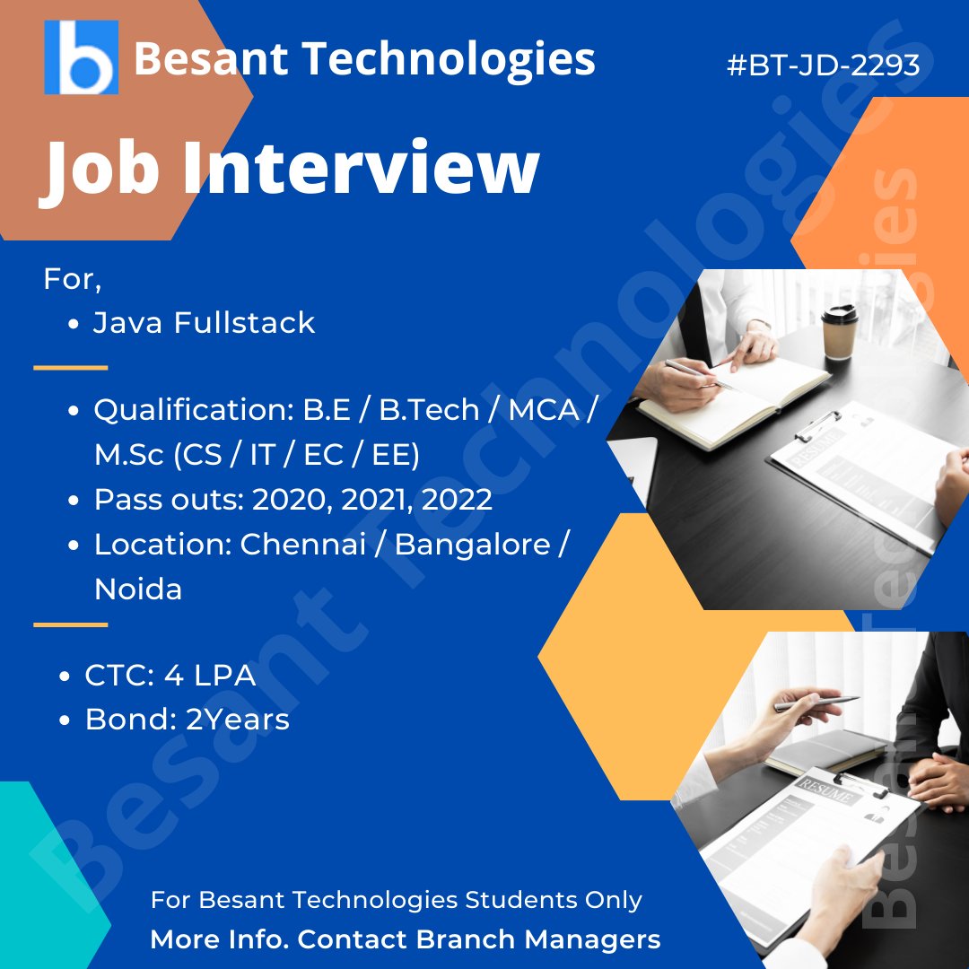 besanttech's tweet image. Top MNC Looking for Java Full Stack Freshers who Completed Course @ Besant Technologies.
#BT-JD-2293
Passed Outs : 2022 / 2021 / 2022
CTC : 4L PA
#JavaFullStackJobs #ITJobs #Freshers #Interviews #WFH #Java #Placements #Students #Besanttechnologies #Bangalore #2021#2022 #Chennai