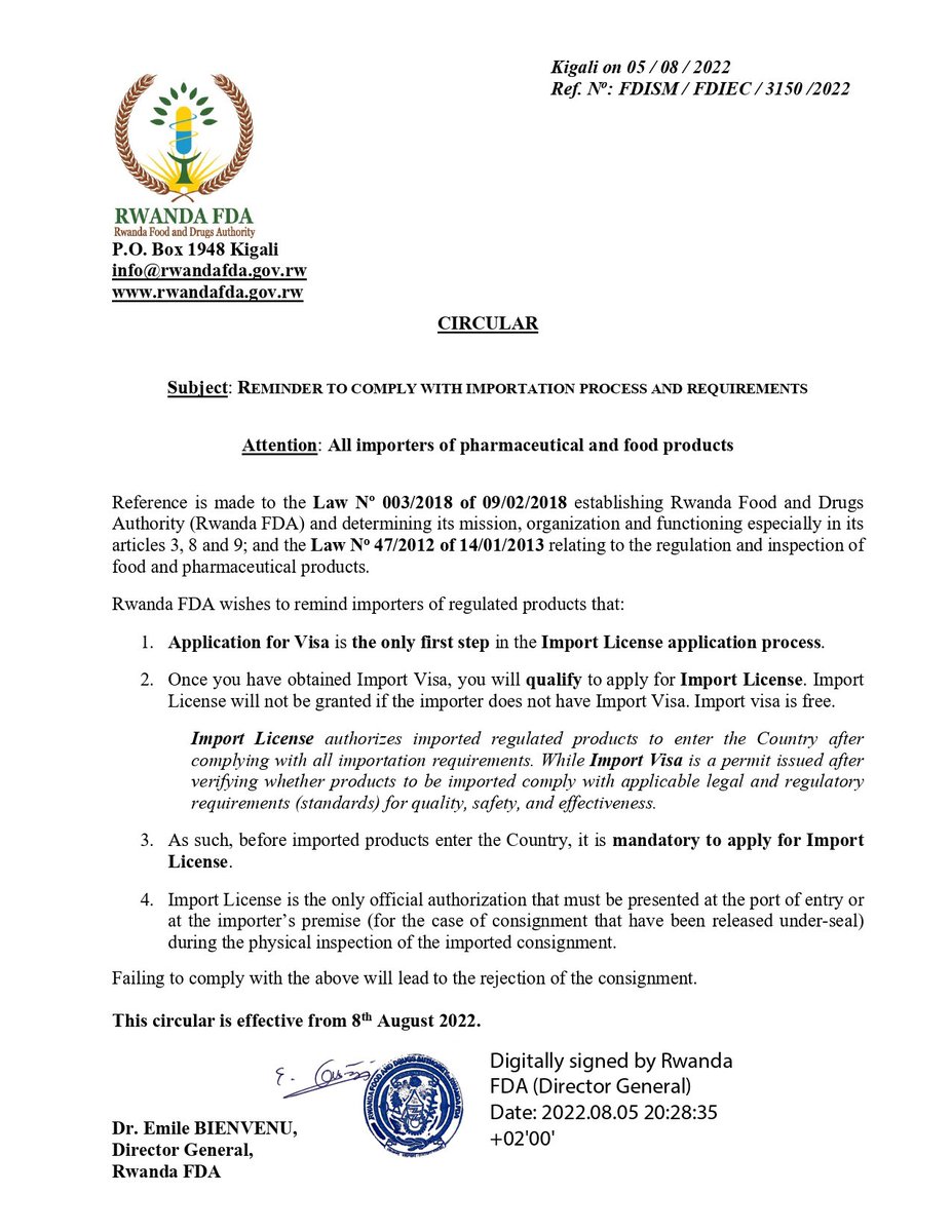 The Authority reminds all Importers of regulated products to comply with the Importation process and requirements. Read the circular below for more information;