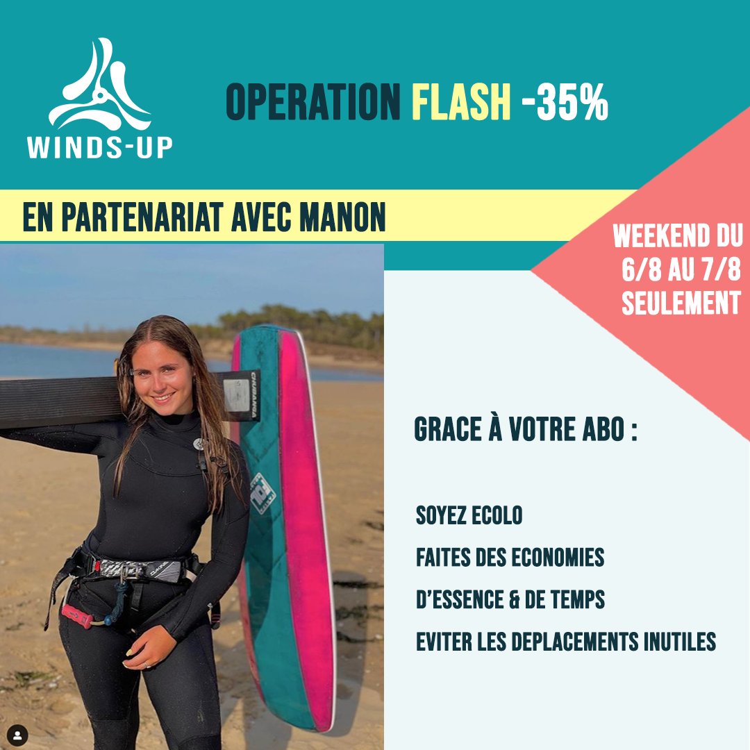 up_winds's tweet photo. [OPE FLASH -35% DE REDUCTION SUR NOS ABOS.! ]

En partenariat avec notre petite championne Manon Castelein, nous vous offrons -35% sur nos abonnements du 06/08 au 07/08 ! 

👉 MODALITES SUR FACEBOOK OU INSTA. ! 😉

#réduction #météo #vent #live #cams #nautique #voile #kitesurf https://t.co/NfcoOpX1tv