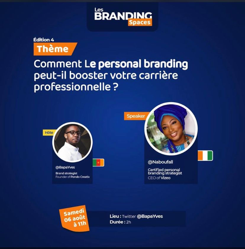 A tout à l'heure 10 h00 GMT et 11h00 au Cameroun avec <a href="/BapaYves/">Mr Brand - Bapa Yves</a> nous allons aborder le thème " comment utiliser le personal Branding pour le développement de  votre carrière " <a href="/nfallakademy/">Nabou Fall Akademy</a> #empoweringafrica <a href="/AgenceVizeo/">Agence Vizeo</a> #empoweredwomenempowertheworld #brandingspace