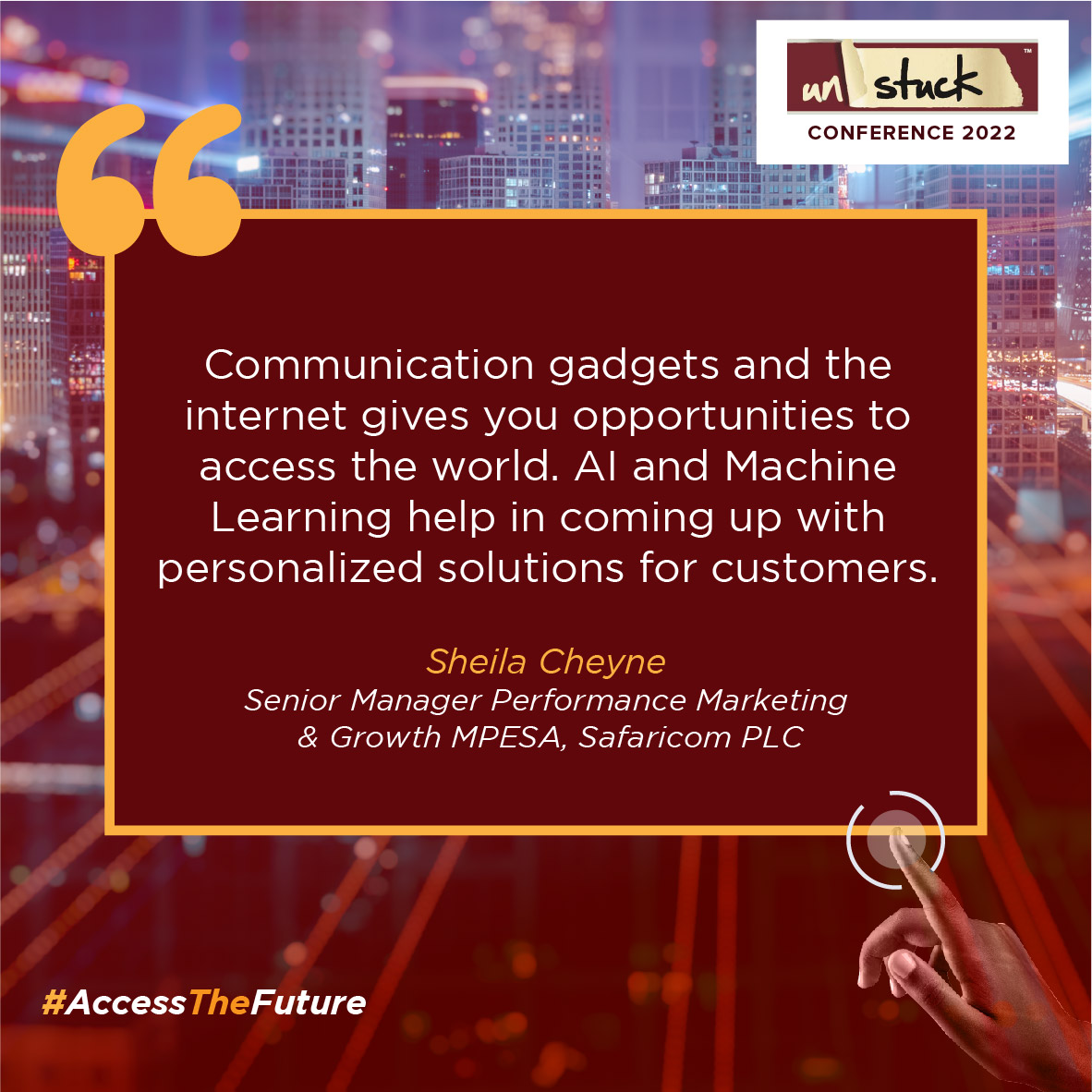 UnstuckKe's tweet photo. Communication devices and the internet gives you opportunities to access the world. AI and Machine Learning help in coming up with personalized solutions for customers.

#Accessthefuture
#Equippedforimpact
#unstuckconference2022 https://t.co/exuaUw4I9P